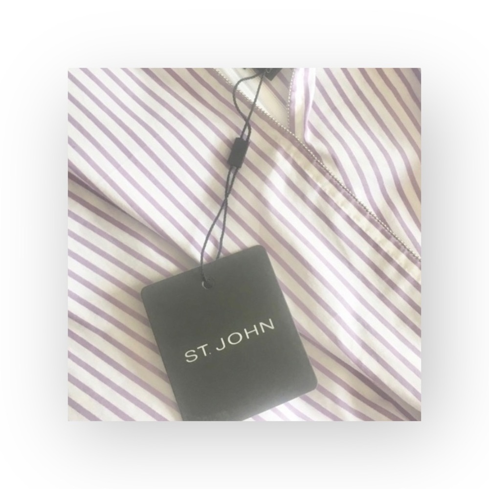 new St John ❉ Pinstripe Twist Front Peplum Top ❉ Orchid Stripe Chain Detail ❉ M - Picture 6 of 16